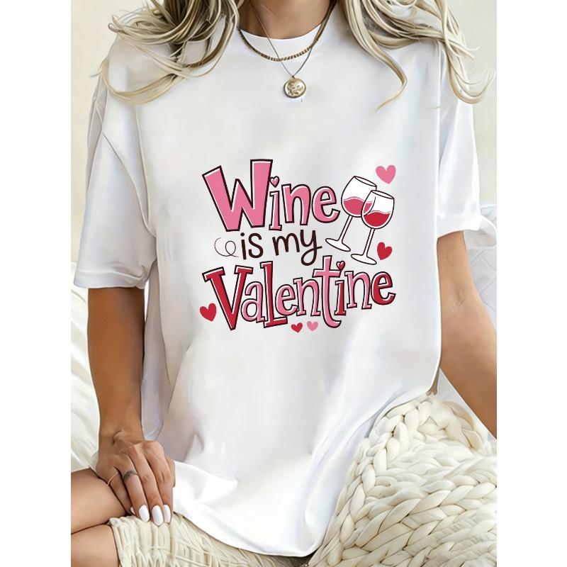 Wine Is My Valentine Oversized T Shirt Black Wine Glasses And Hearts Print For Valentine's Day Party Casual Wear