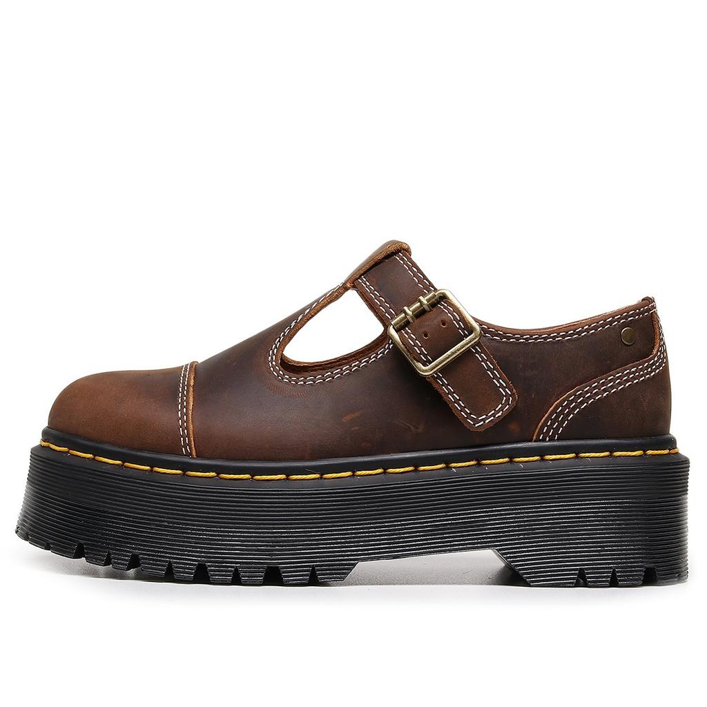 New Thick-soled T-strip Mary Jane Women's Shoes, Genuine Leather Low-top Small Leather Shoes, First-layer Crazy Horse Brown Muffin Sole