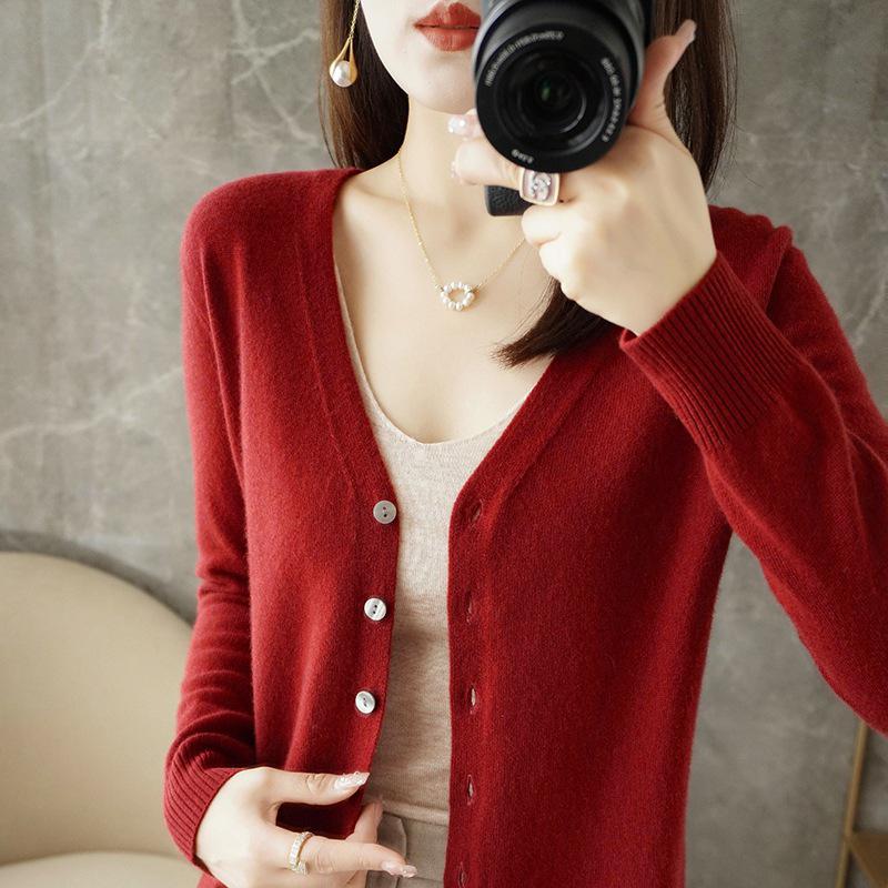 Spring & Autumn Women's V-Neck Knit Cardigan - Long Sleeve Short Sweater Jacket
