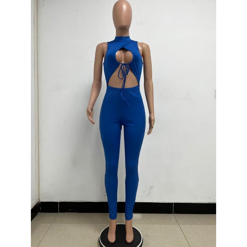 Women's Summer Hollow Tie Up Irregular Sleeveless Backless Tight Jumpsuit