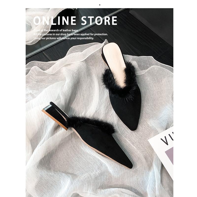 

Туфли-шлепанцы на низком каблуке, новая обувь большого размера на толстом каблуке, из норки, остроносые сандалии для женщин. 35 чёрный