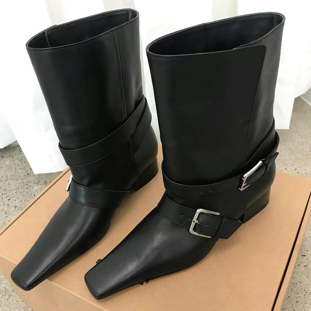 Rindsleder Koreanische Version von Ritterstiefeln Damen mittlerer Schaft eckige Spitze Revers Kurzstiefel Herbst und Winter neu Leder Martin Stiefel Damen Western