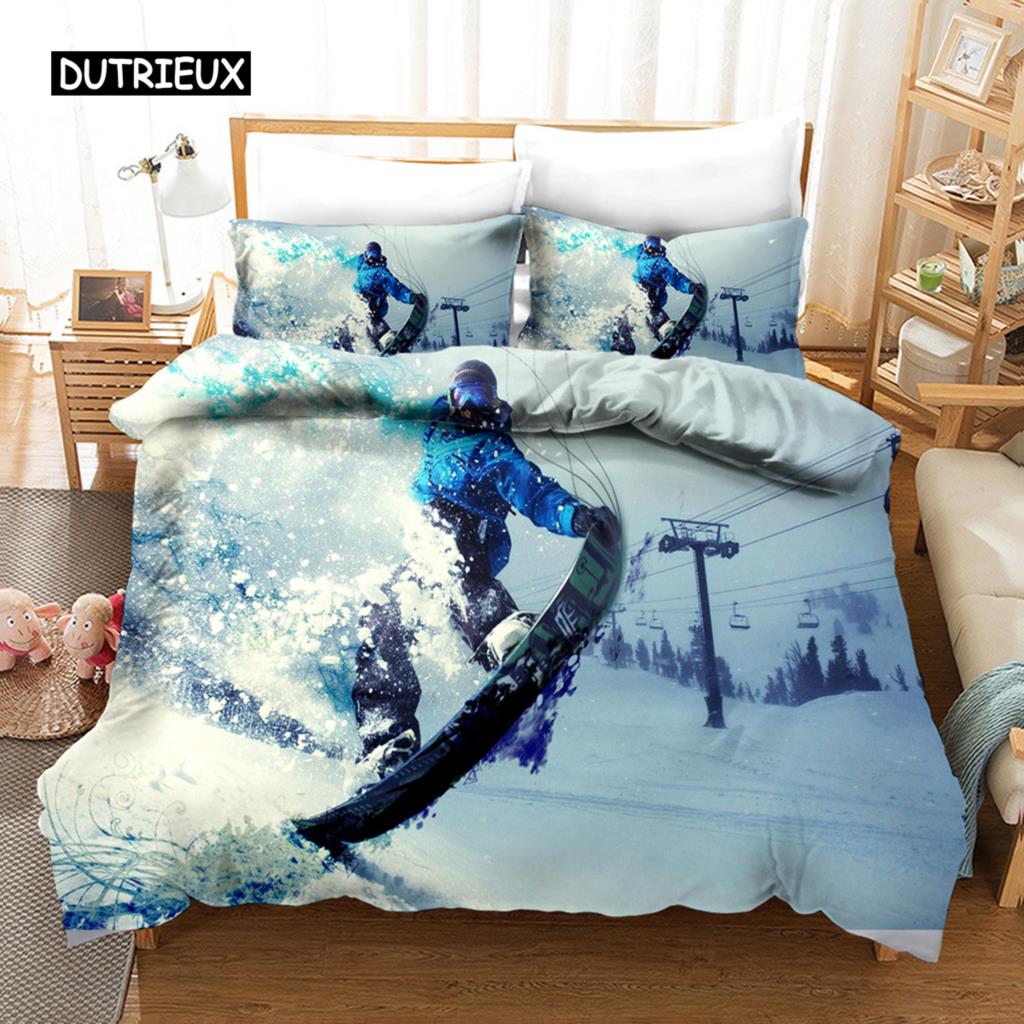 Ski Bettbezug Mikrofaser Extremsport Thema Einzelbettwäsche Winter Sport Ski Schnee Berglandschaft Queen King Bettdeckenbezug