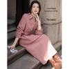 Demana Elegant Peach Velvet V-Neck Lace Puff Sleeve Dress