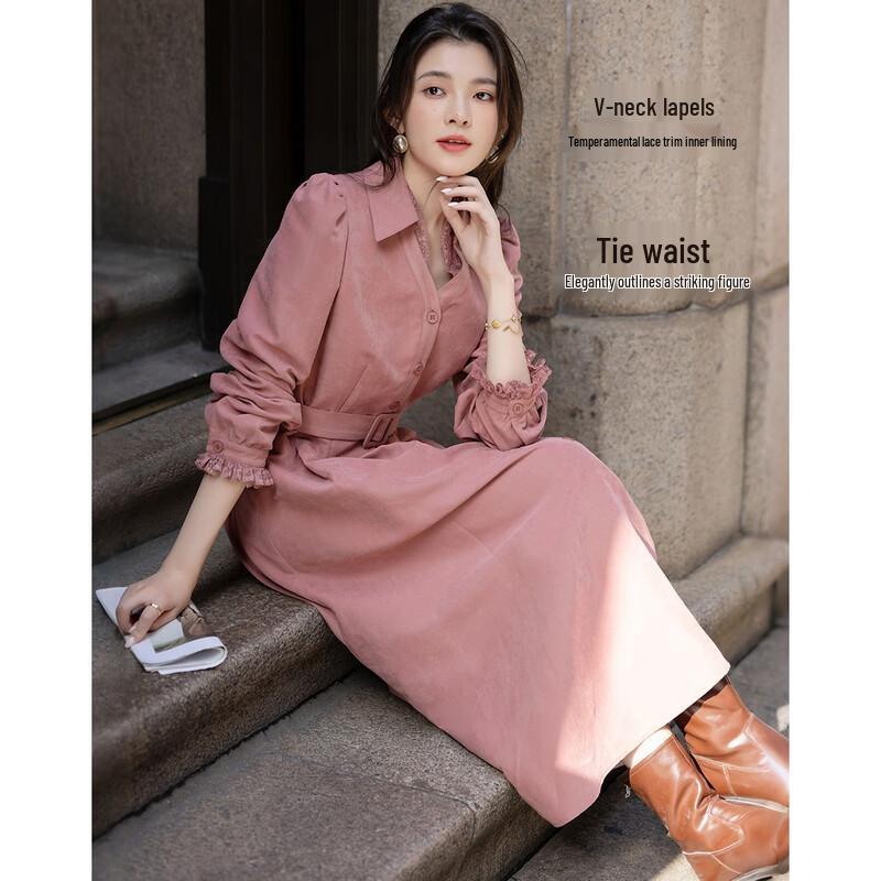 Demana Elegant Peach Velvet V-Neck Lace Puff Sleeve Dress