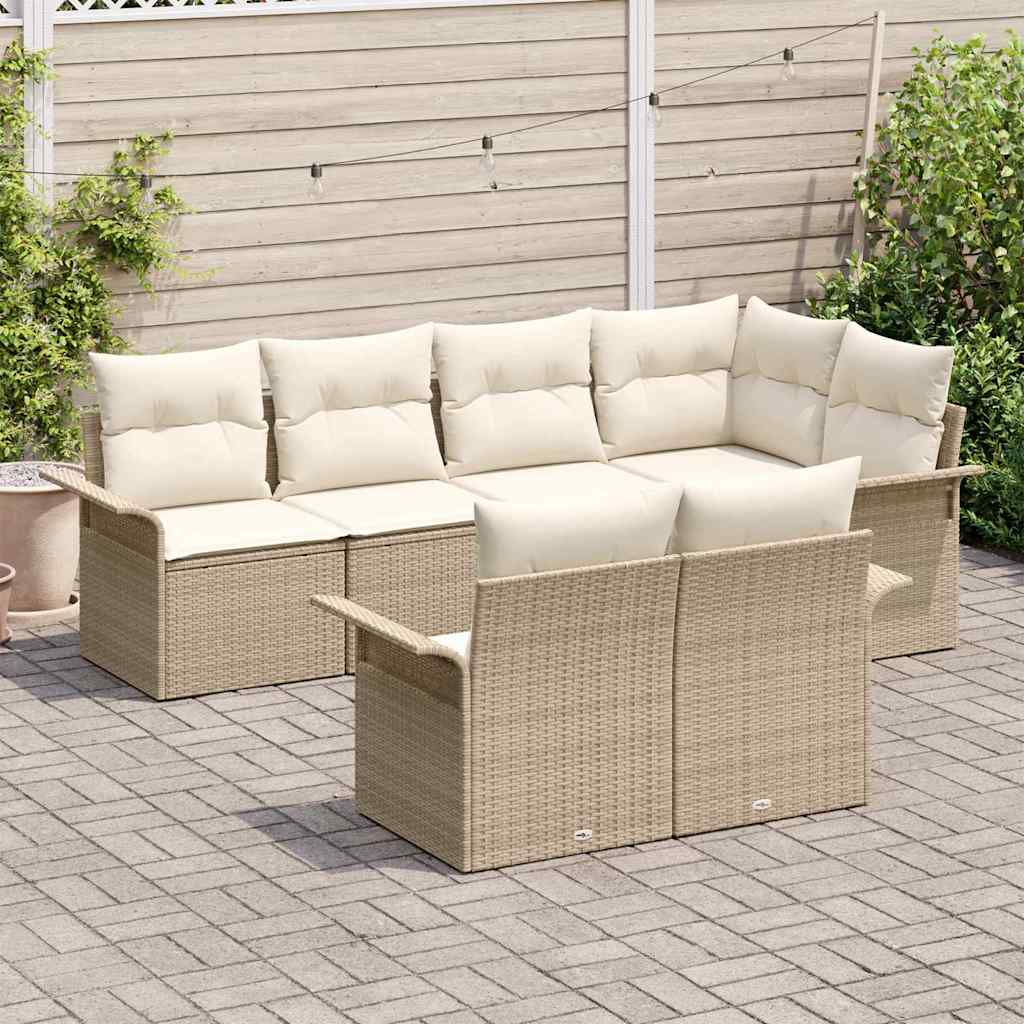 Garden Sofa Set with Cushions 7 Pcs Beige Poly Rattan