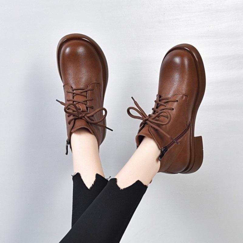 Martin boots flat leather soft-soled small short boots autumn and winter single boots British style round head and ankle boots velvet women