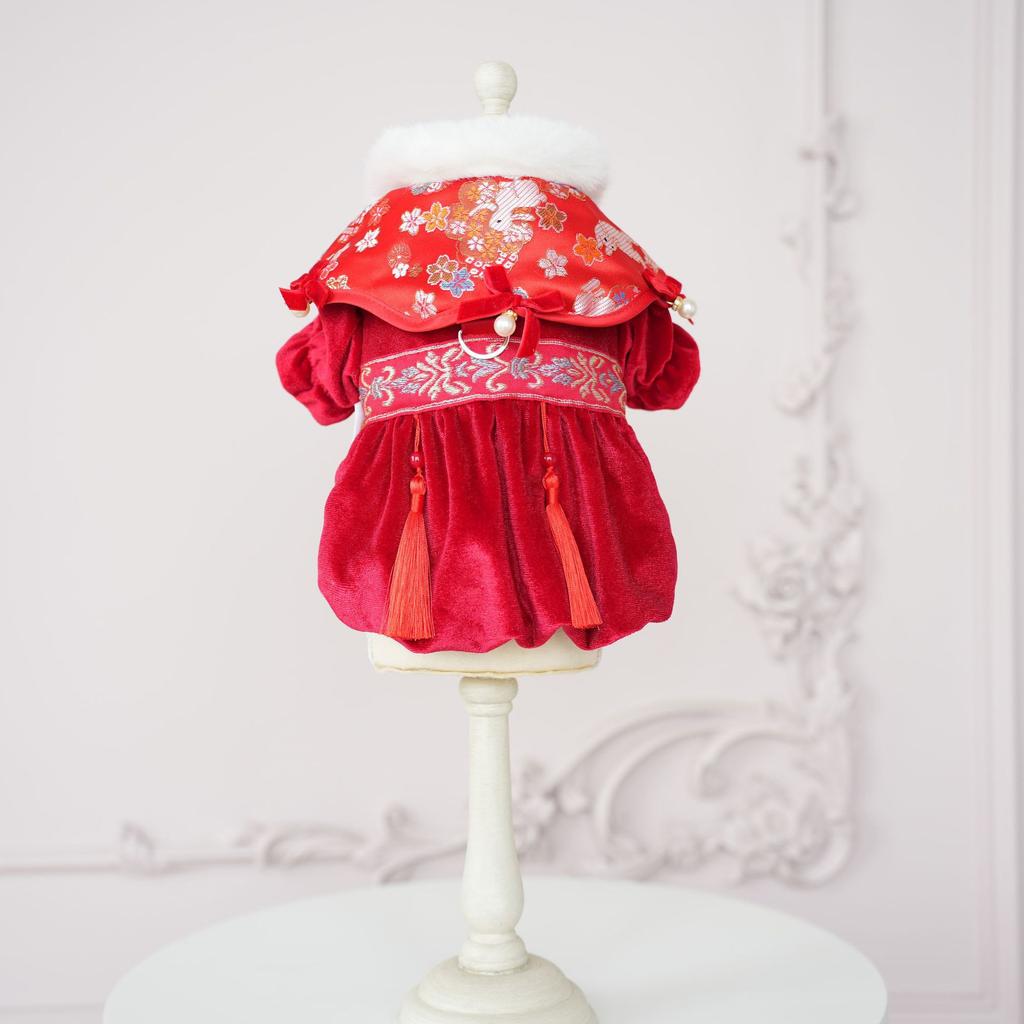 Pet Clothes Christmas Plush Dress Compared To Teddy Bear Autumn/Winter Five Flower Collar Tang Dress Wedding Cat Red Dress