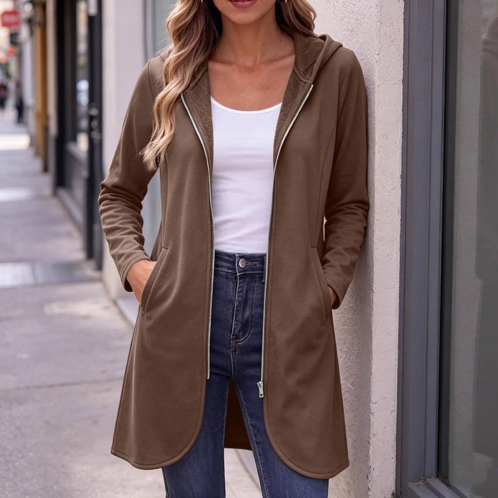 Manteau long à capuche zippé décontracté pour femme avec poches pour un usage quotidien