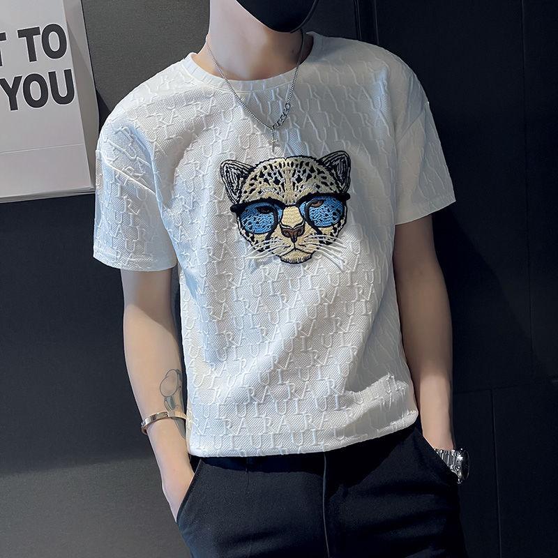 Design-sensory Embroidered Short-sleeved Men's Tiger Leopard Head Trendy Brand Half-sleeved T-shirt