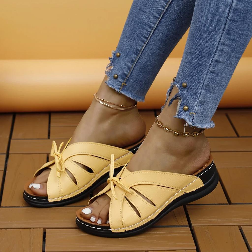 Wedges Slippers for Womens Summer New Casual Hollow Sandals Open Toe Bow Flip Flops Non Slip Beach Shoe Slides Size 43