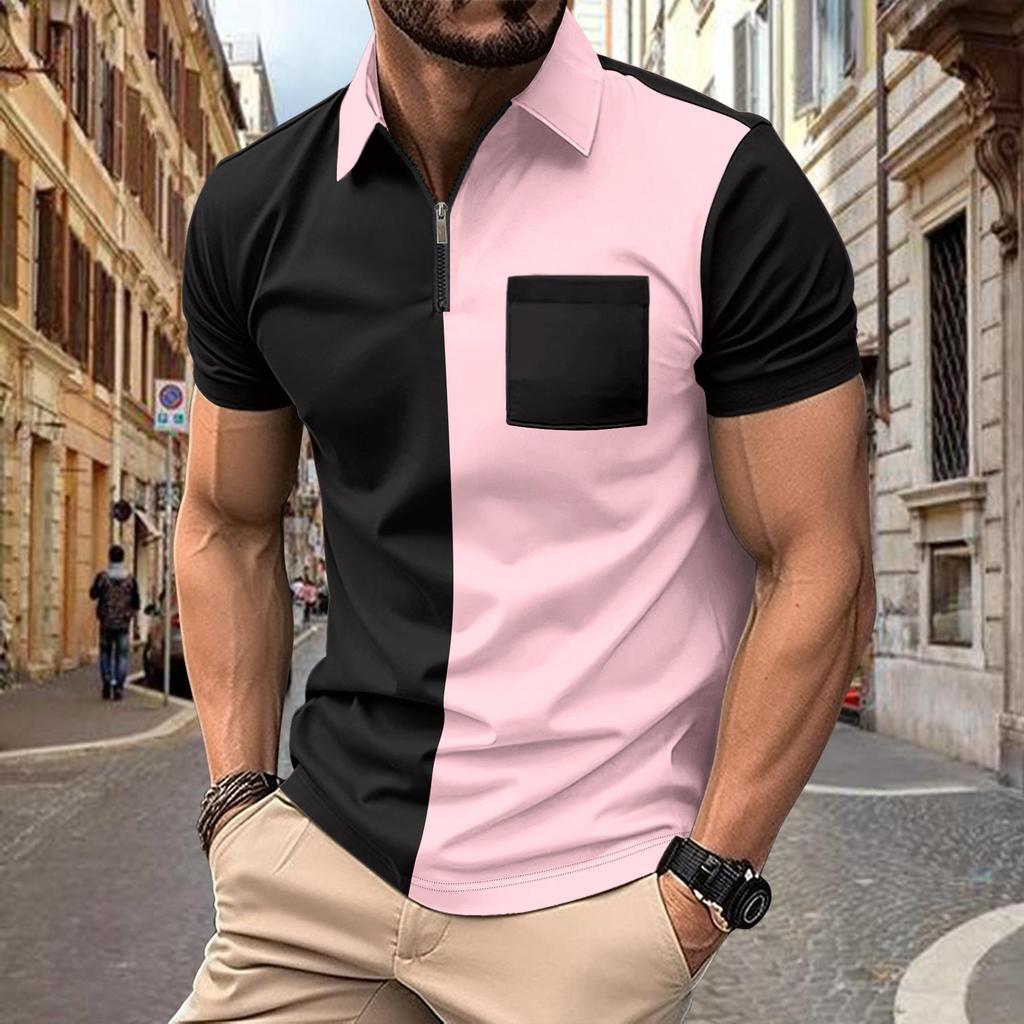 New Men's Short-sleeved T-shirt Fashion Tops Casual Polo Shirt Small Twill This Cloth Splicing Lapel Buttons Men's Polo Shirt