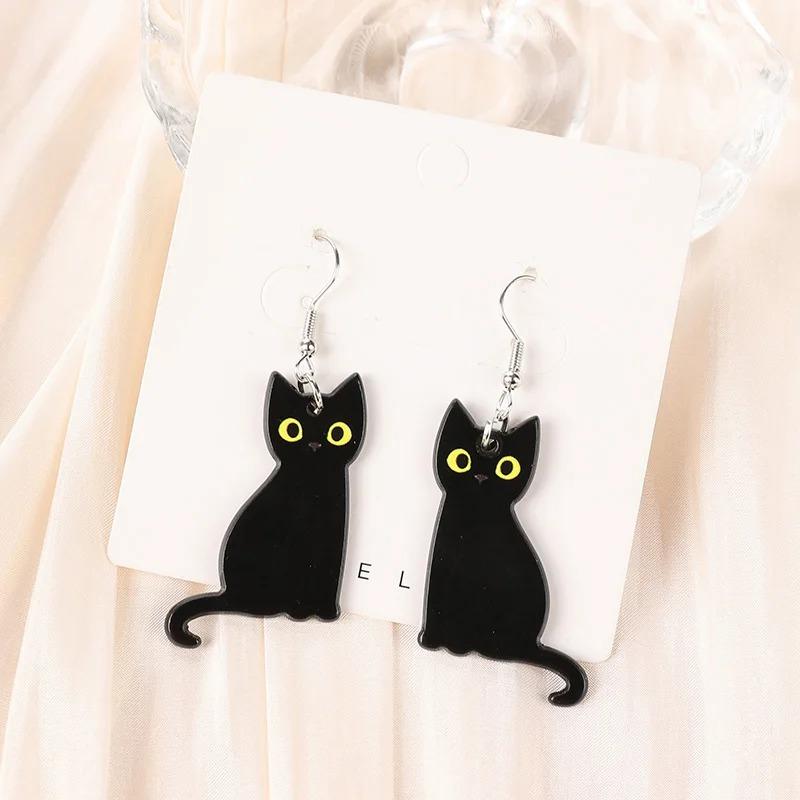 1Pair Halloween Black Cat Exposed Bone Drop Earrings Fashion Acrylic Skull Black Cat  for Women Festival Birthday Gift