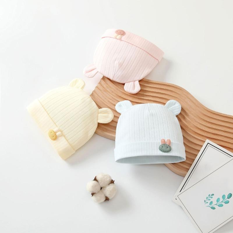 Lovely Newborn Hospital Hat Preemie Boys Girls Beanie Solid with Bear Pattern Infant Baby Hats for Spring Autumn Gift