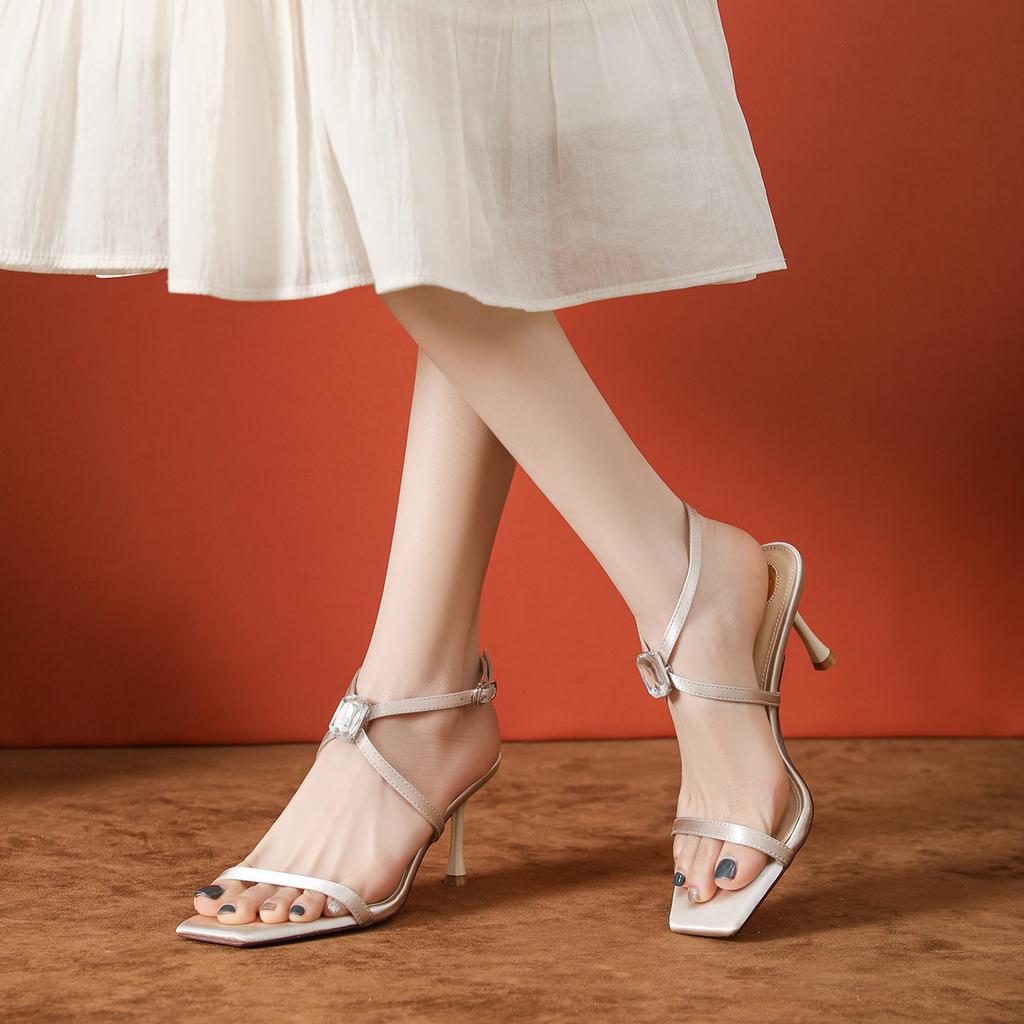 New square head thin heel ys1 high heel high version with skirt 2025 summer cross strap sandals women's high heel