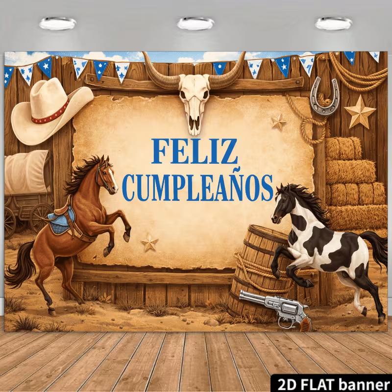 

2D Feliz Cumpleaños Background Banner, Cowboy & Barrel Backdrop for Mexican Party 47.2x31.5inch/120*80cm