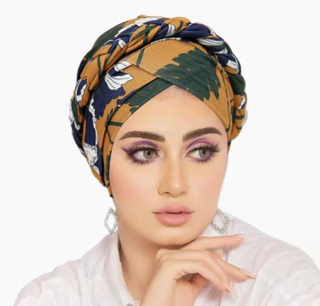 Tie-dyed brushed milk silk floral fabric hat in yellow and navy blue One Size