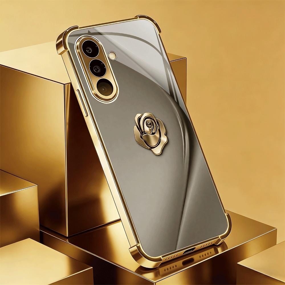 Golden rose badge pattern glass phone case suitable for Samsung Galaxy S26 S25 S24 S22 S21 S20 FE/Ultra/Plus anti drop case