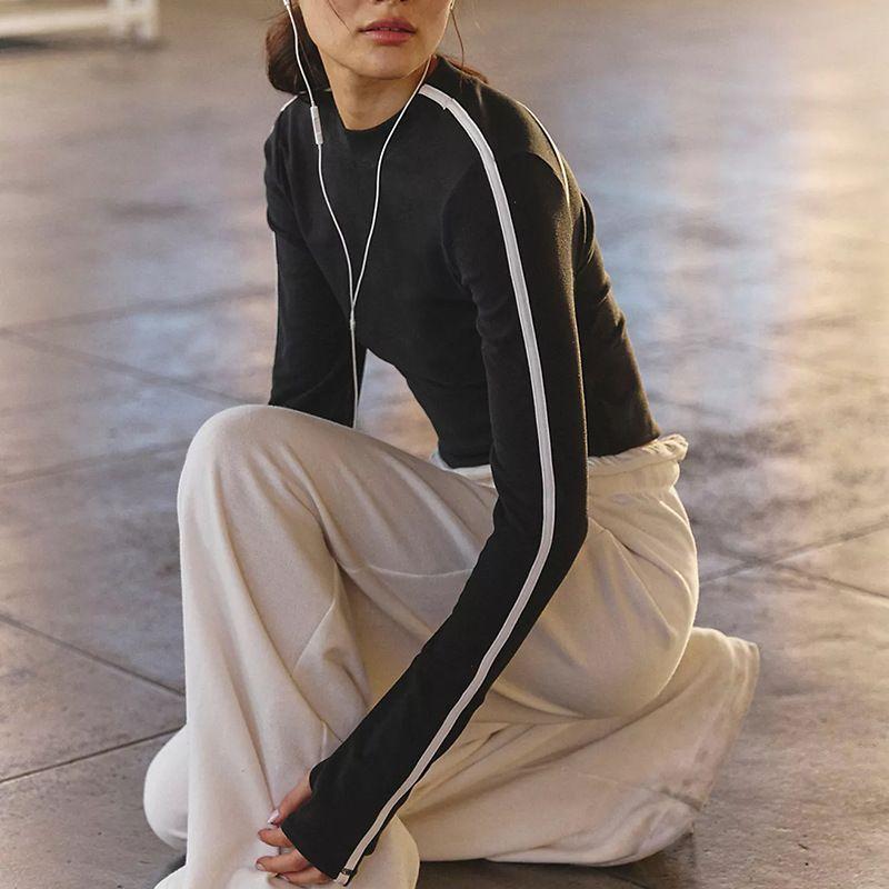 

2025 New Fashion Yoga Clothes Retro Slim Fit Slimming Long Sleeves Workout Top Women s American Stripes High Elastic Quick-Drying Black L