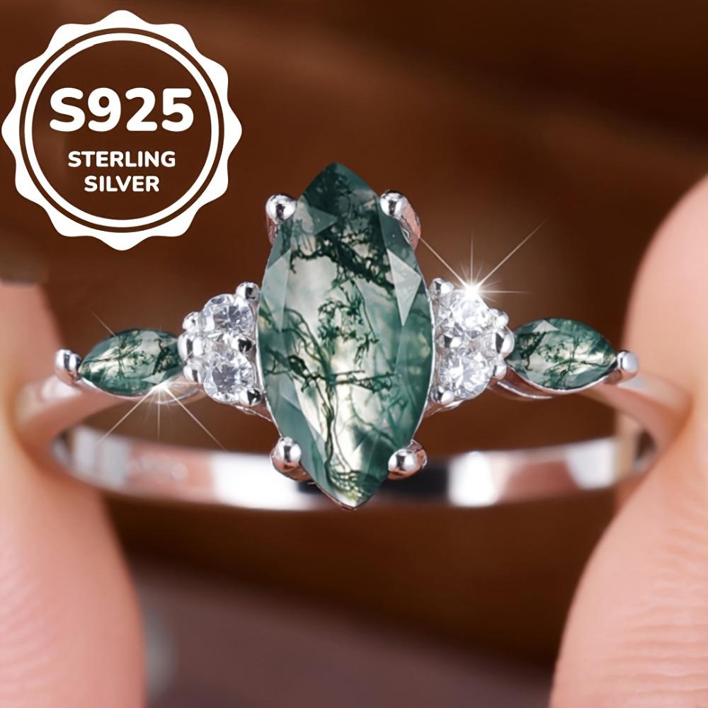 925 Sterlingsilber Marquise-Schliff Natürlicher Moosachat Ringe für Damen Hochzeit Verlobung Geometrischer Schmuck Geschenk