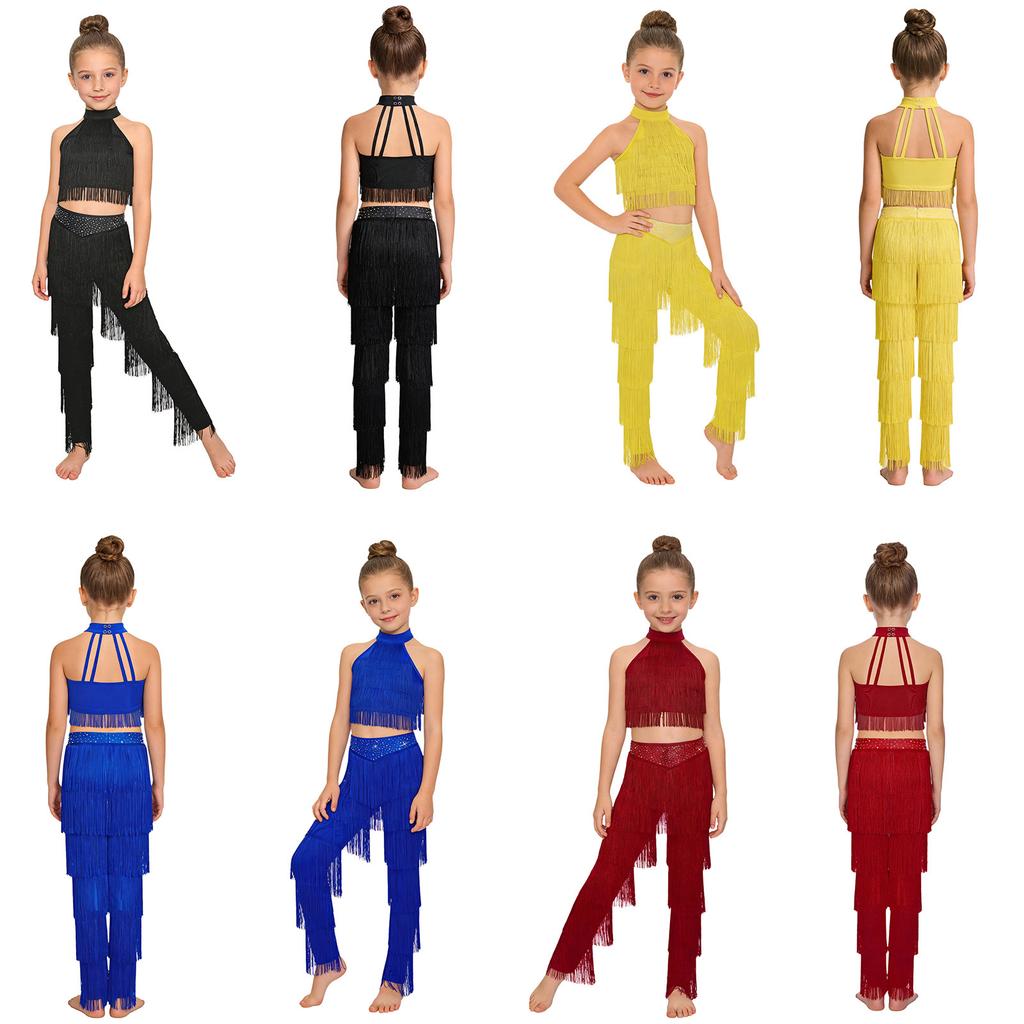 Children’s Salsa Dance Outfit Sleeveless Backless Crop Top Tiered Tassel Design and Elastic Waistband Fringe Pants for Stage Dance