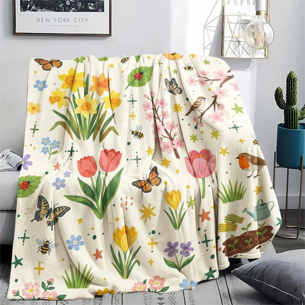 1Pc Cute Season Print Flannel Blanket, High quality Comfortable for All Seasons, Home Decor, Warmth and Comfort, Perfect for Christmas Gifts W50