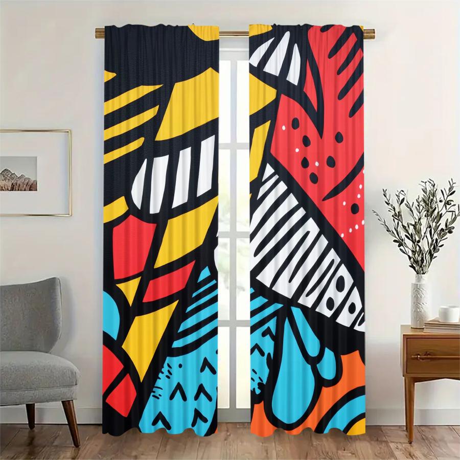 2 Pcs Geometric Graffiti Print Curtains,suitable for Bedroom,living Room Kitchen Decoration,home Decoration,window Decoration