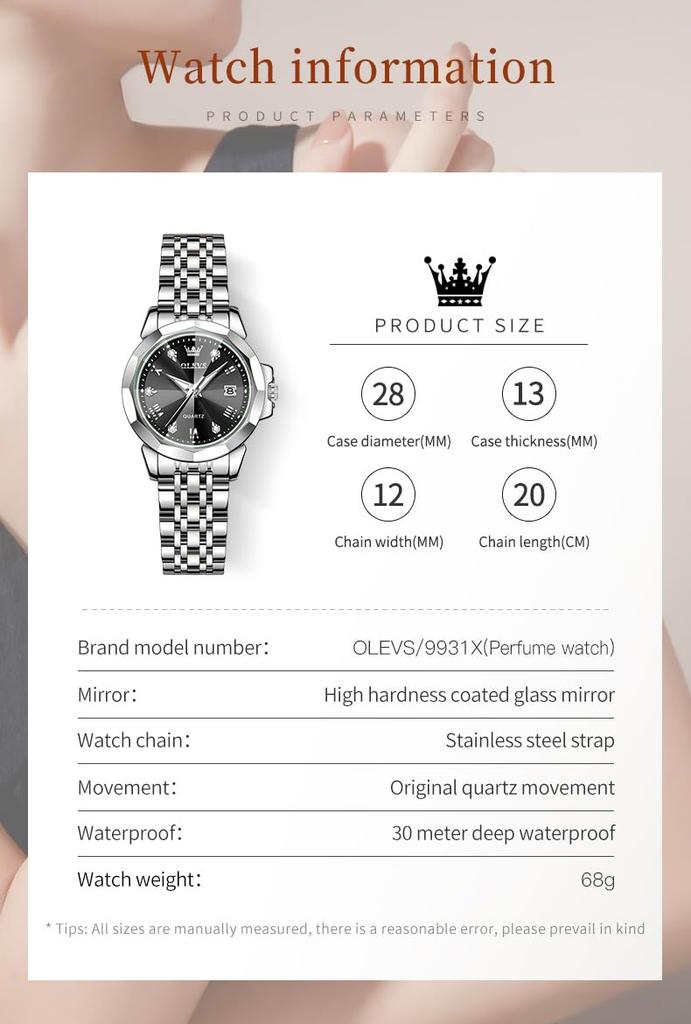 OLEVS Women's Quartz Watch with Scent, Lightweight, Stainless Steel, Date Display, Diamonds, Waterproof, Luminous, Gift, Fragrance Watch, Black