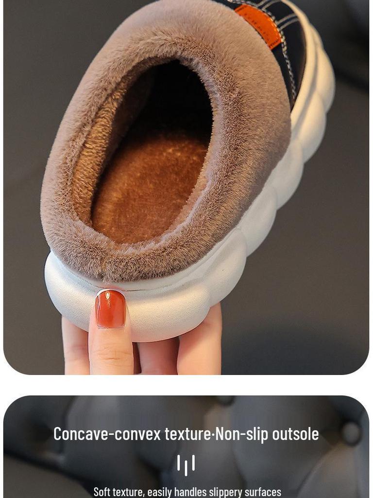 Children's Non-Slip Waterproof Slippers - Soft Cotton, PU Leather, Velvet-Lined for Parents & Kids, Winter Warm