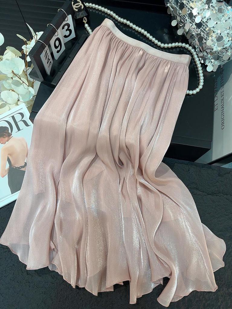 Elegant High-Waisted Chiffon A-Line Skirt - Slimming, Flowing, and Lightweight Summer Mesh.
