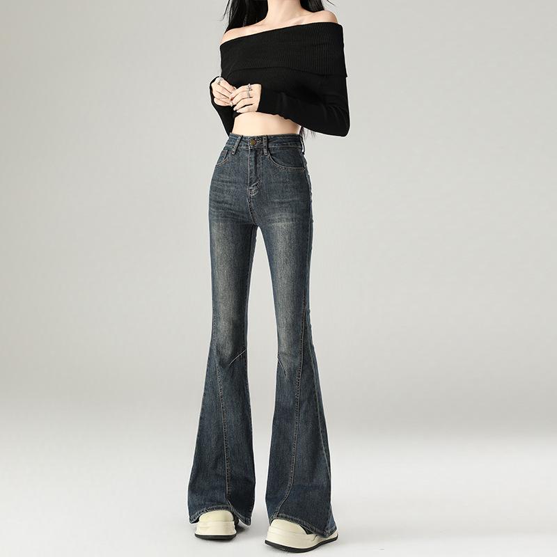 Women s Retro High-Waisted Blue Denim Micro-Flare Pants with Patchwork and Velvet S