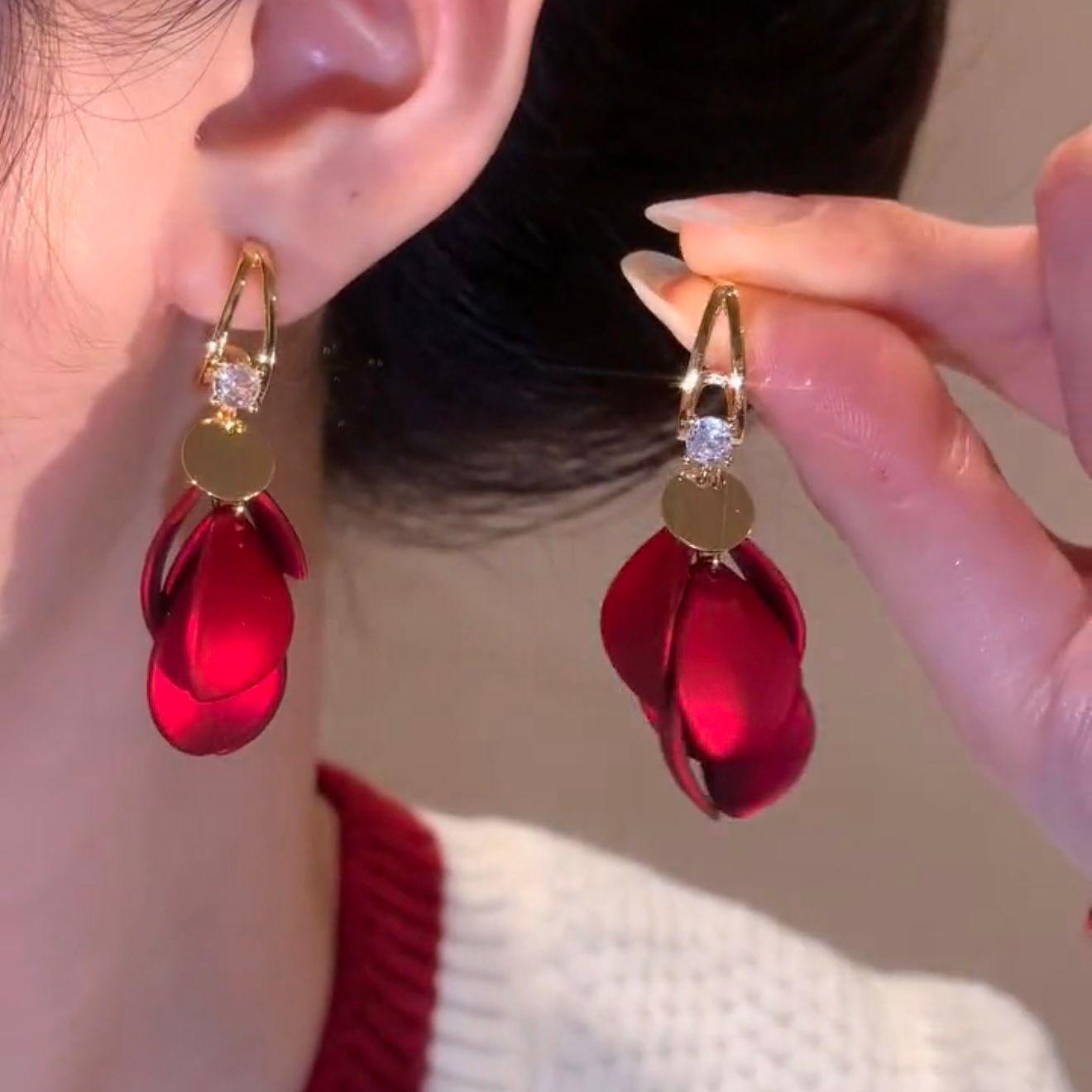 Flower Tassel Earrings with Fashionable Design, Personalized Earrings, Elegant and Versatile Temperament, Ankora Red Retro Earrings