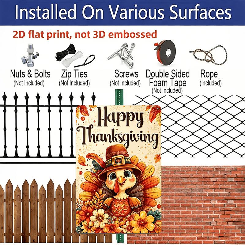 2D Flat, 1pc Thanksgiving Cartoon Bird Floral Aluminum Decorative Sign & Plaque, Thanksgiving Party Wall Decor, Dining Room Wall Art, Kitchen