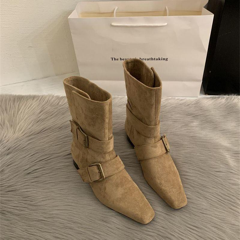 

2025 Korean Vintage French-Style Suede Ankle Boots, Small Square Toe, Mid-Calf Western Women s Boots. 40