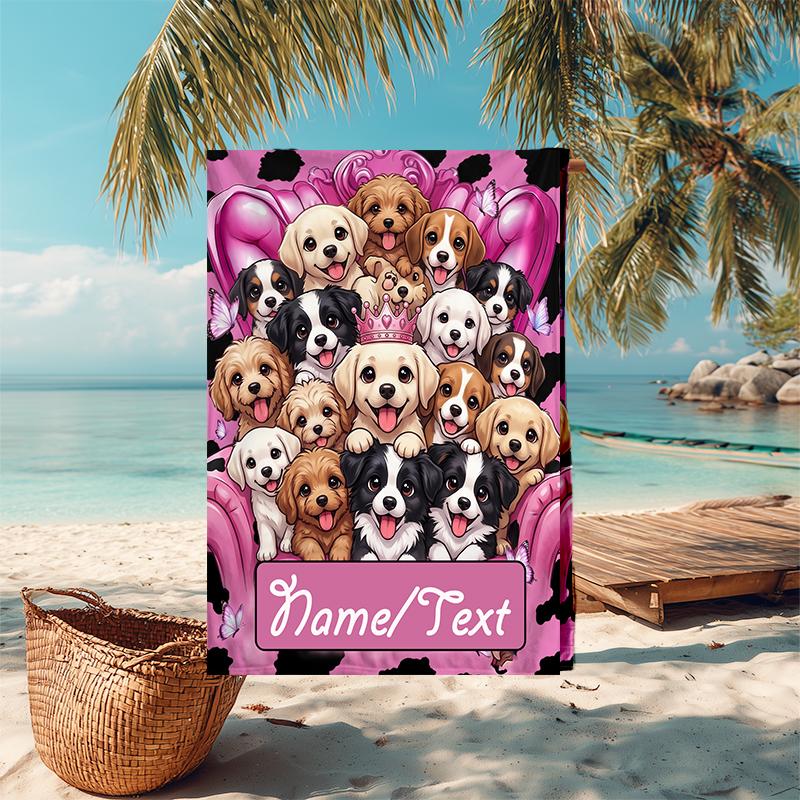 1PC Custom Name Puppy Party Pink Beach Towel Highly Absorbent And Sand-Resistant Towel for Swimming, Pool, Yoga, And Travel Lightweight