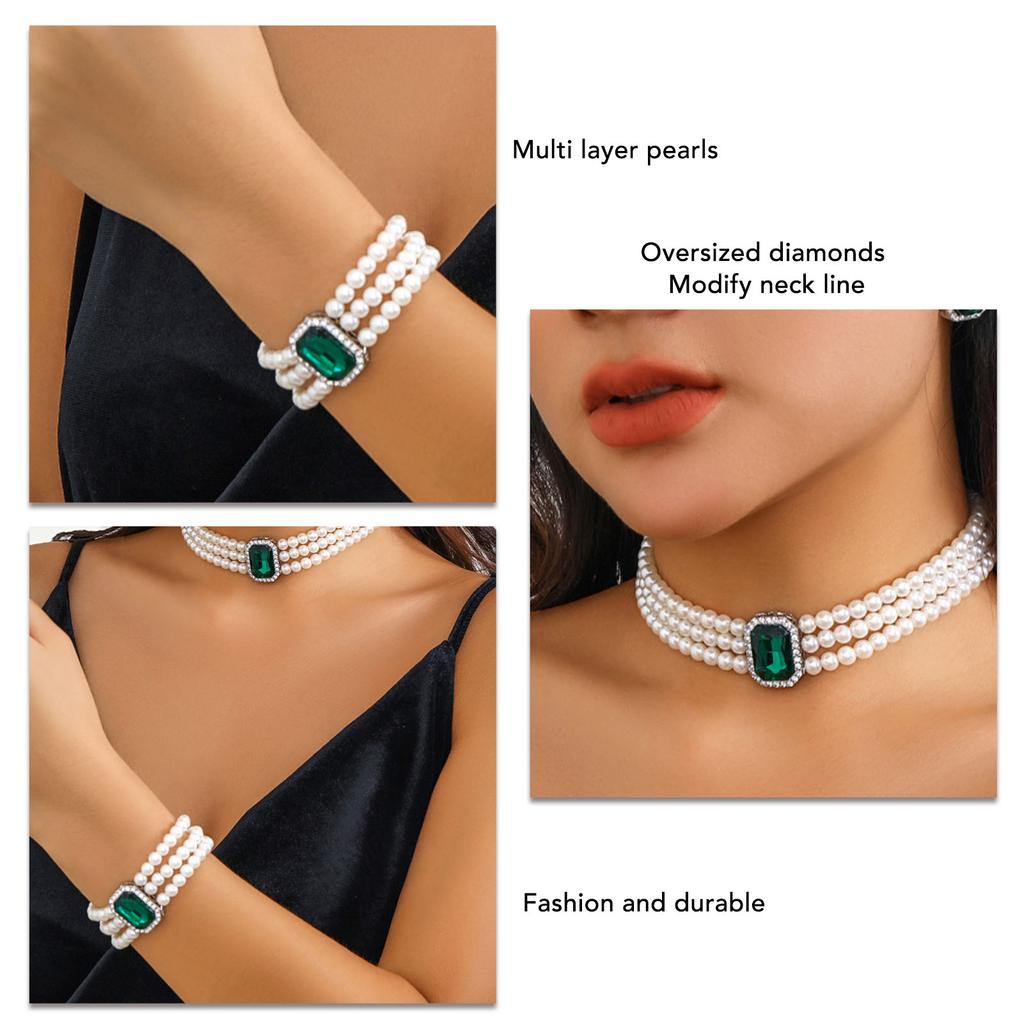 Imitation Pearl Necklace Set Earring Bracelet Multi Layer Women French Elegant Light Luxury Beaded Gem Stone Square