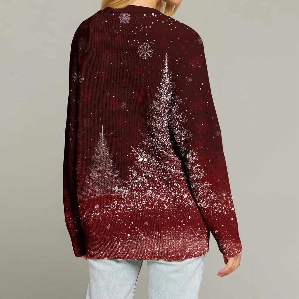 Women's Fashion Long Sleeve Print V-Neck Button Loose Cardigan Top