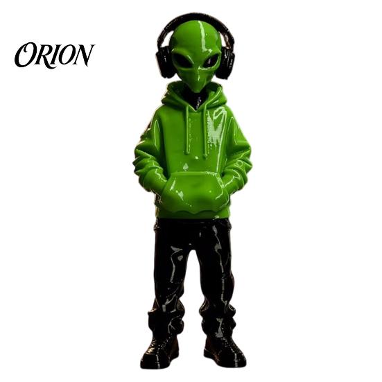 Home Office Desk Accent 3D Printed Alien Figurine with Hoodie And Headphone, Trendy Desktop Decor Ornament, Cyber Style Statue for Gaming Room