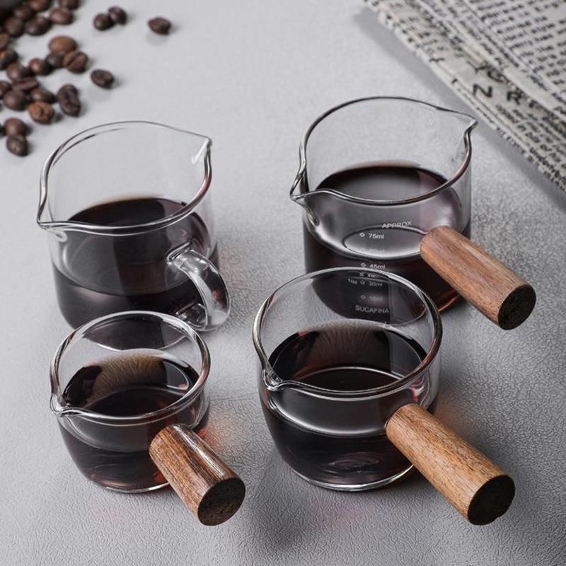 50/75/100Ml Wooden Handle Glass Espresso Measuring Cup Double/Single Mouth Milk Latte Jug Coffee Supplies Kitchen Mug Drinkware