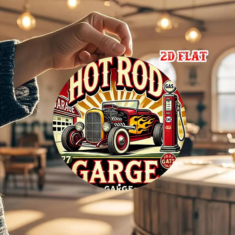 D Flat pc Hot Rod Garage Aluminum Metal Tin Sign Round Retro Cars Wall Art Flame Pattern Rustic Garage Decor for Home