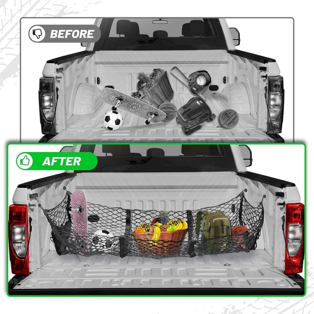 RED WOLF 3 Pocket Truck Bed Cargo Net For Toyota Ford Dodge GMC Chevy Silverado, Universal Pickup Mesh Storage Net 47.2" X 11.8" Stretchable Elastic