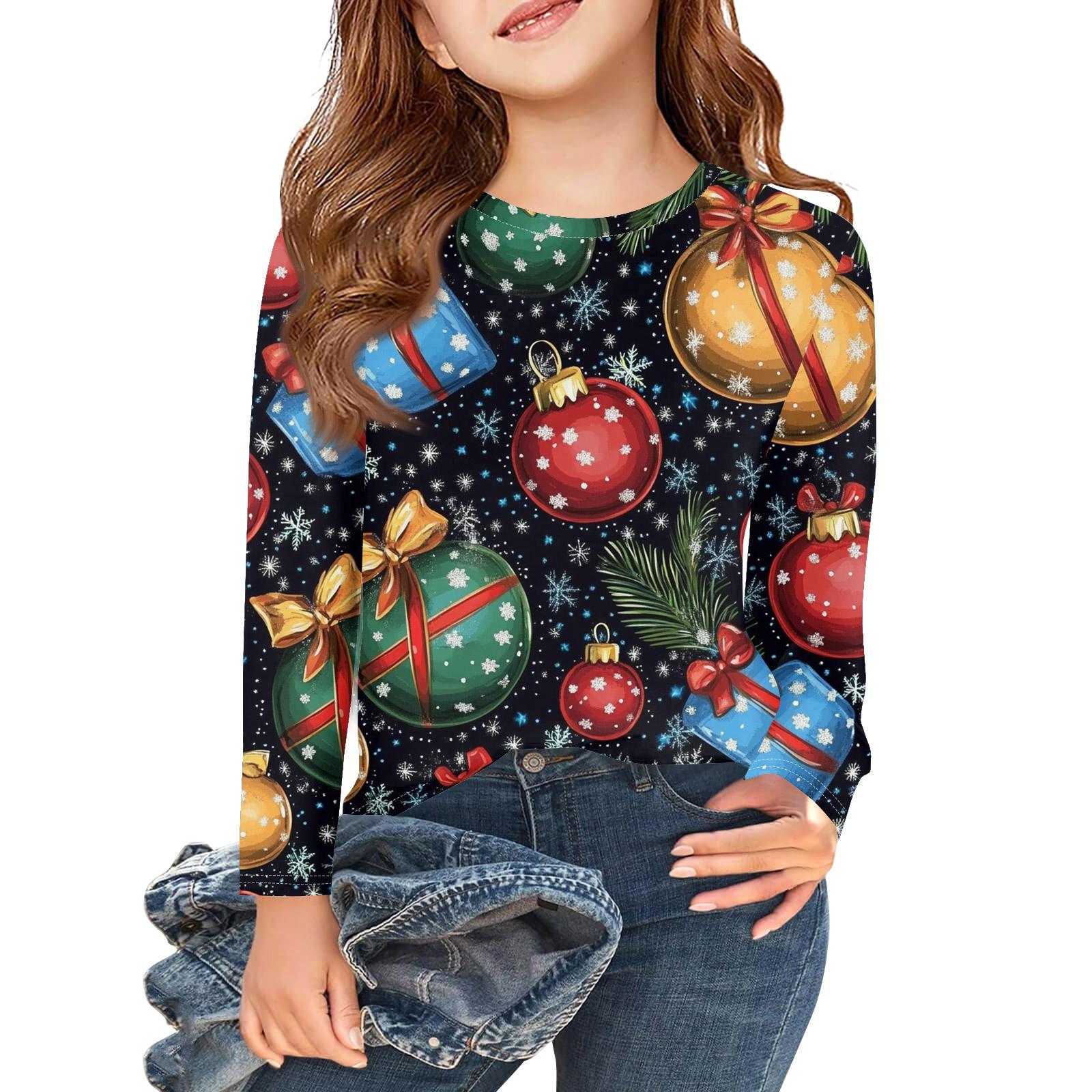 

Рождественские футболки с длинным рукавом для девочек, детские осенние топы с круглым вырезом и принтом, базовые футболки 150