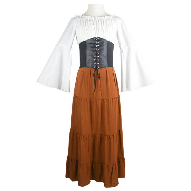 

New flared sleeve dress one-word shoulder girdle waist Victorian long dress retro women s clothing S