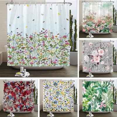 Eleganter Blumenvorhang 180x180cm Floraler Duschvorhang Polyester Badvorhang Badezimmerdeko Maschinenwaschbar Mit Haken