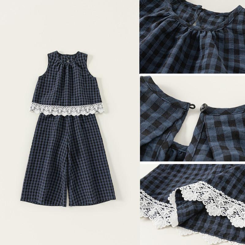 Kid Summer Sleeveless Top And Pants Set With Checkered Pattern And Lace Design For Kids Ages 8 And Up
