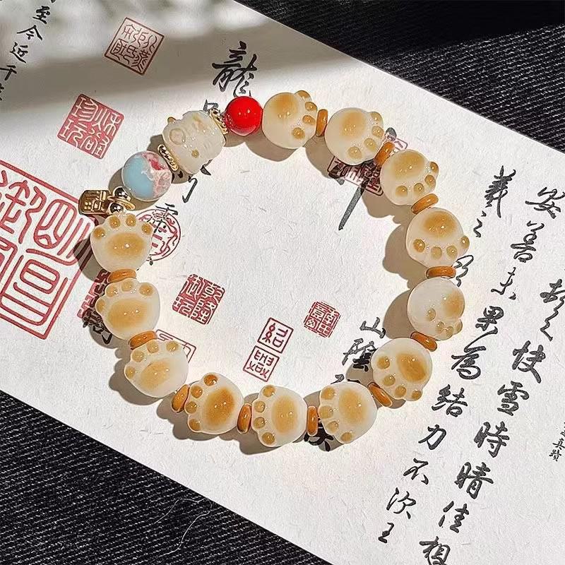 Charcoal Caramel Lucky Cat Claw Beaded Bracelet - Cute Jewelry Gift for Her