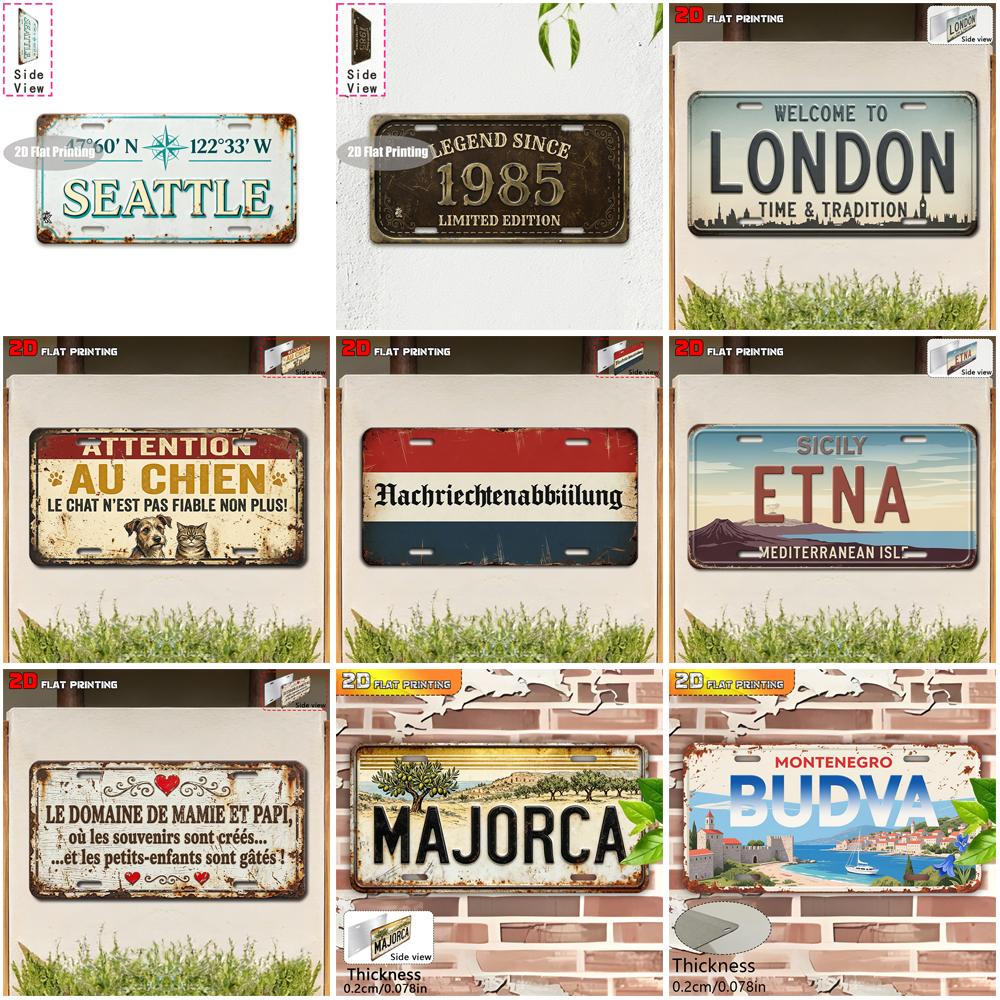 Vintage City Coordinate Year Animal Multilingual Text Metal License Plate Sign Retro D Flat Printed Tin Plaque Wall Decor for