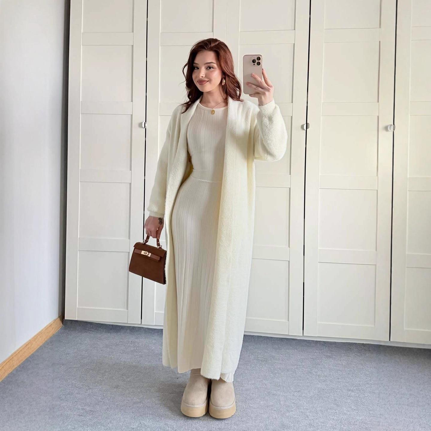 Женское повседневное шерстяное платье с круглым вырезом и длинным рукавом и вязаный кардиган, осень 2025 XS абрикосовый