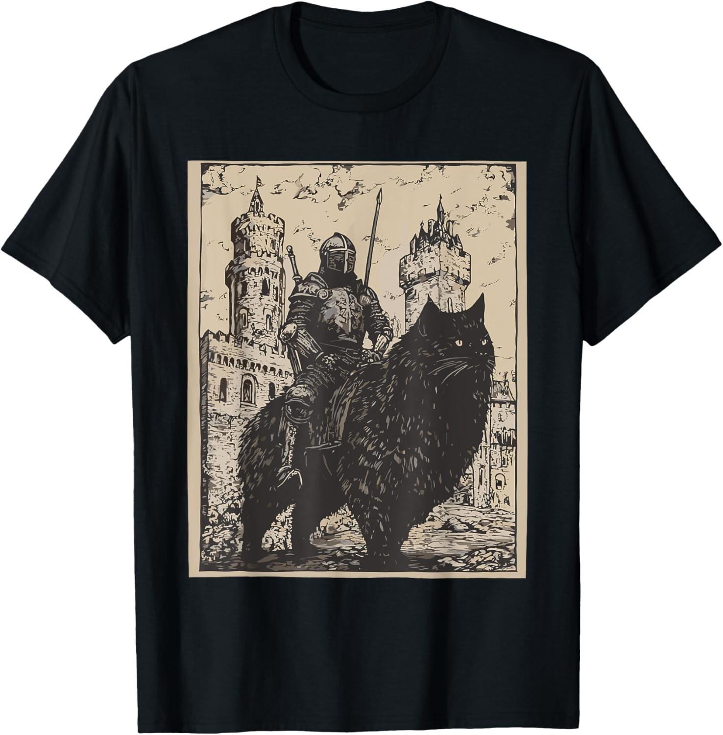 Knight Cat Rider Vintage 90s Medieval Knight Riding Cat T-Shirt Mens Womens Tees Top unisex T-Shirt Mens Womens Tees Top L