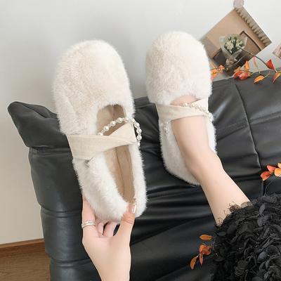 Fashion Vintage Women Warm Fur Flats Shoes Fashion Shallow Mary Jane Shoes Sweet Pearl Design Soft Comfort Loafers Ladies Granny Shoes